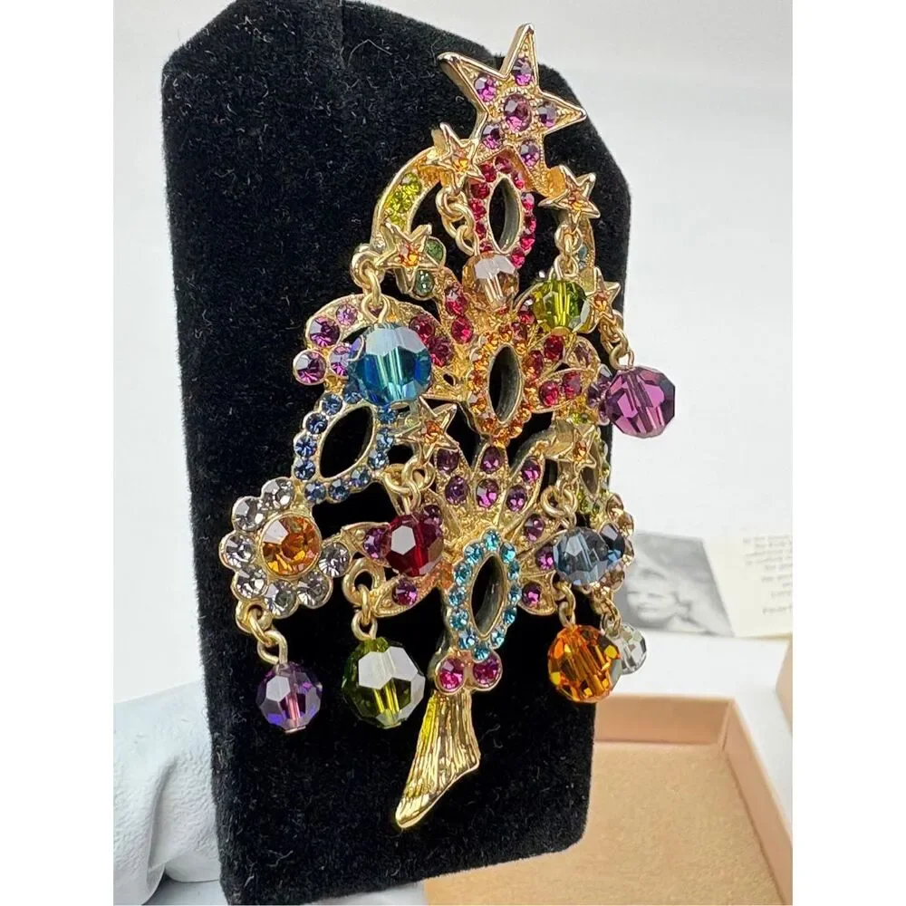 NOS Vintage Kirks Folly Christmas Tree Brooch Dangling Rhinestones Crystals AX26